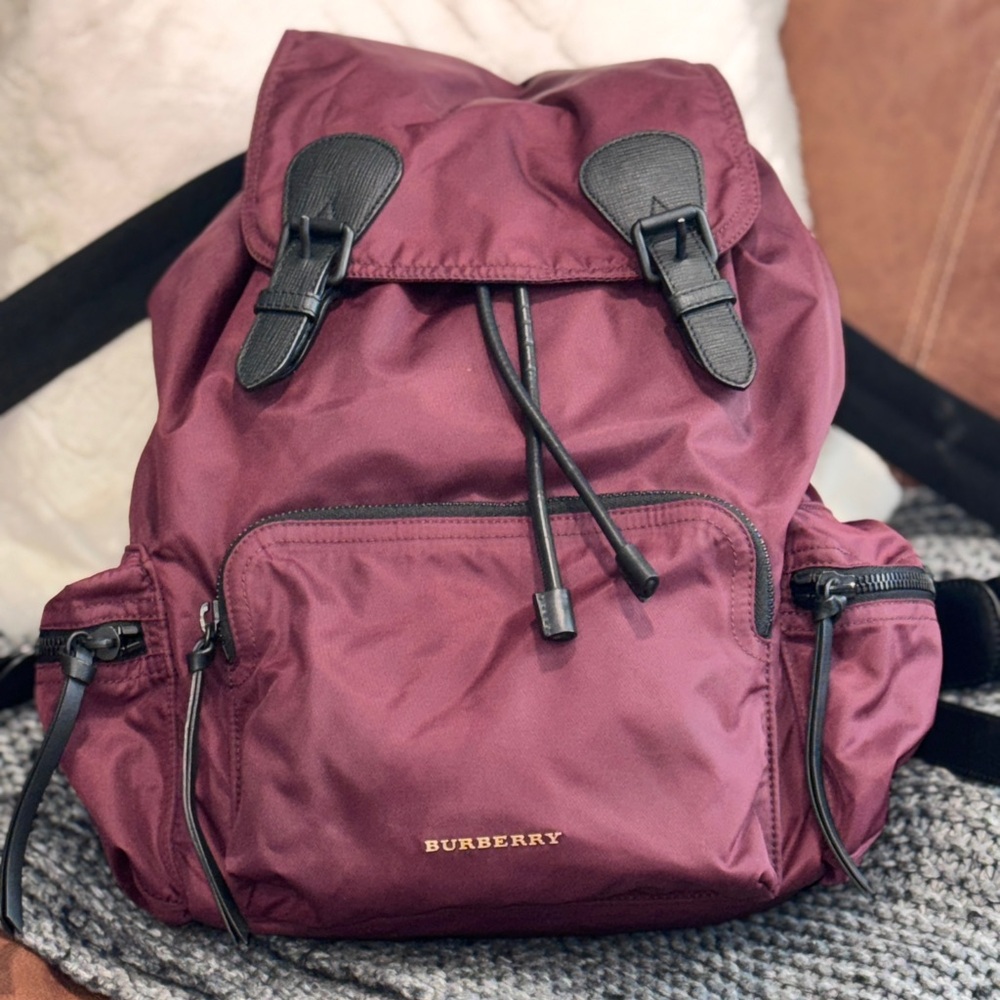 Burberry Nylon Rucksack Backpack Burgundy Black Leather Gold Hardware